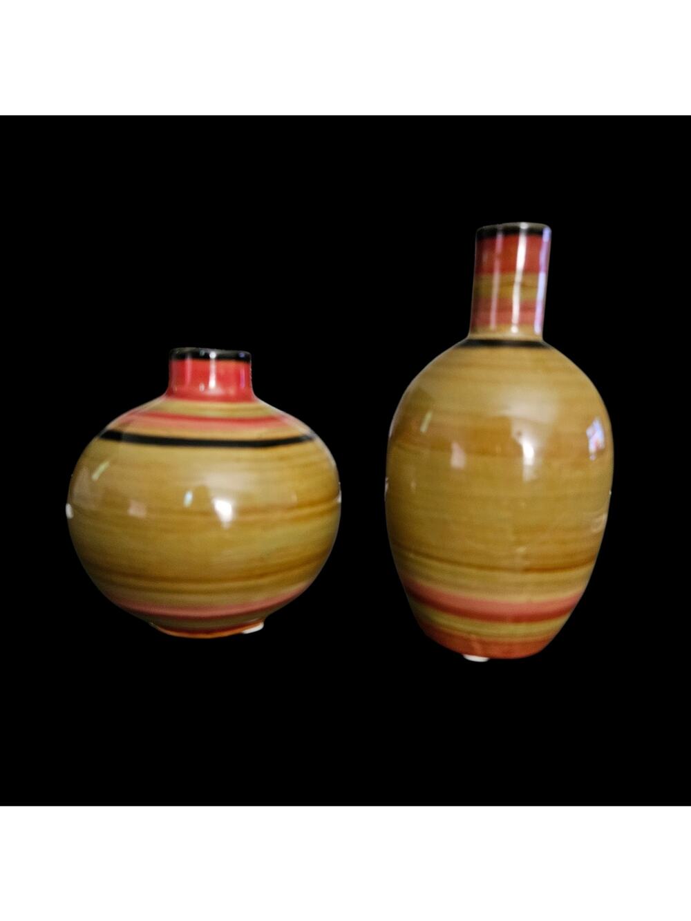 Pair Vintage Art Pottery Bud Vases Hand Thrown Studio Ceramic Earth Tone Striped